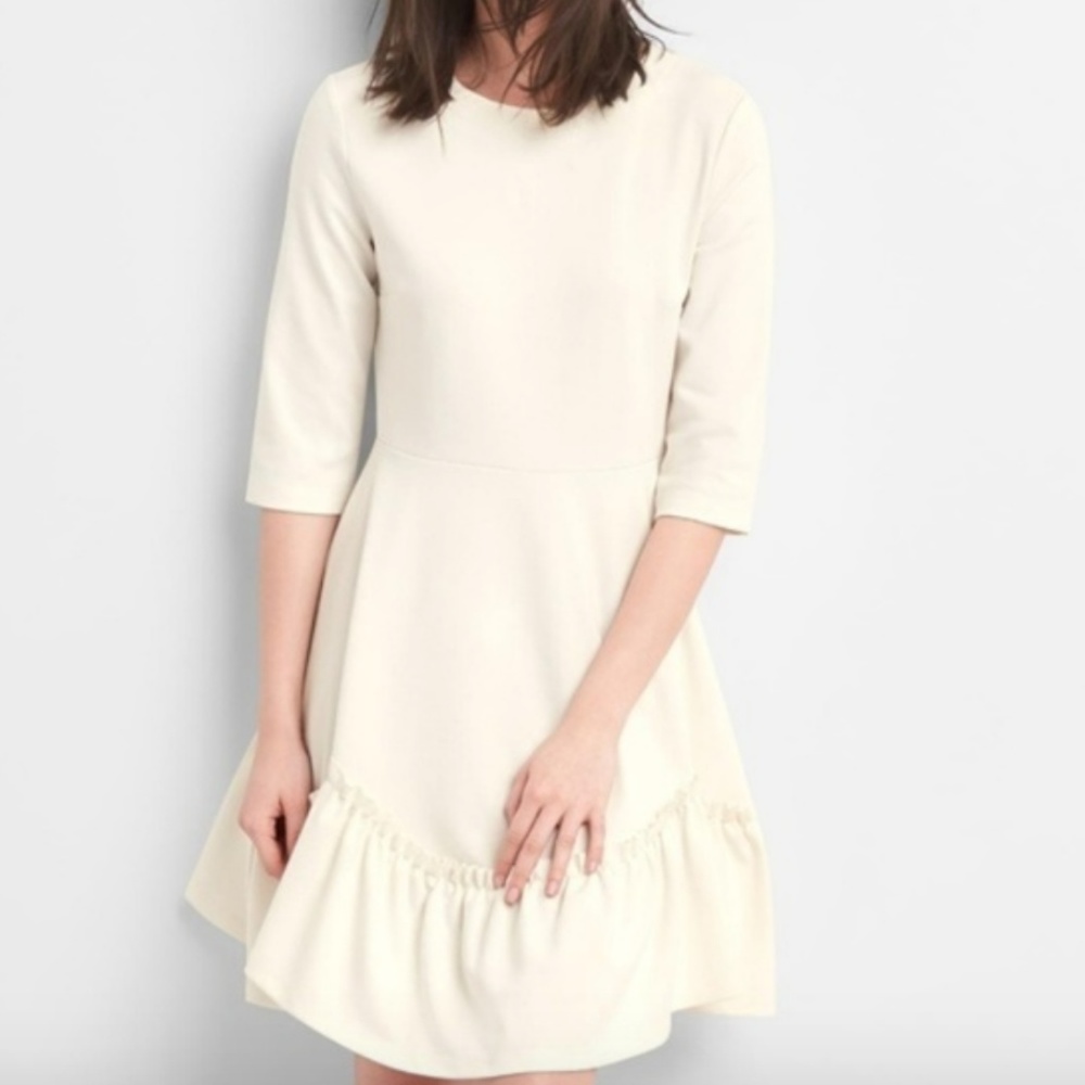 GAP Off White 3/4 Sleeve Ruffle-Hem Ponte Dress